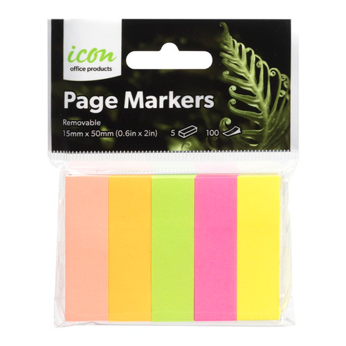 Icon Page Markers 15mm x 50mm Neon 5 Pack