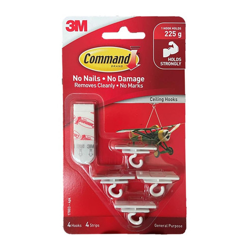 Command Hook 17803-4PK Ceiling Small White, Pack of 4