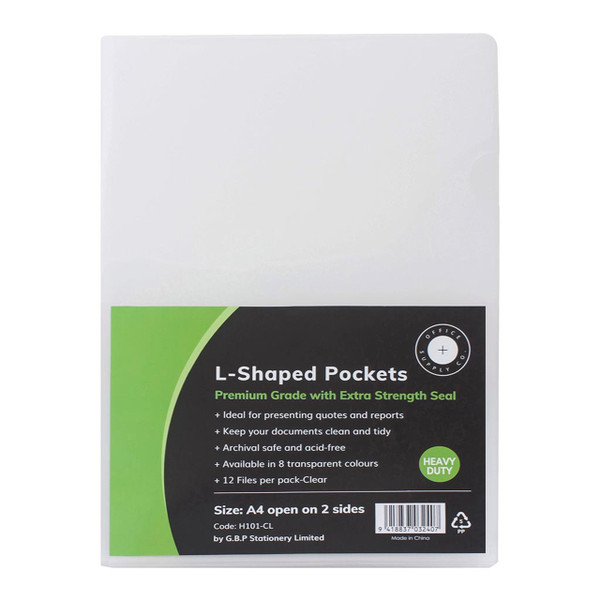 OSC L Shaped Pockets A4 Clear, Pack of 12