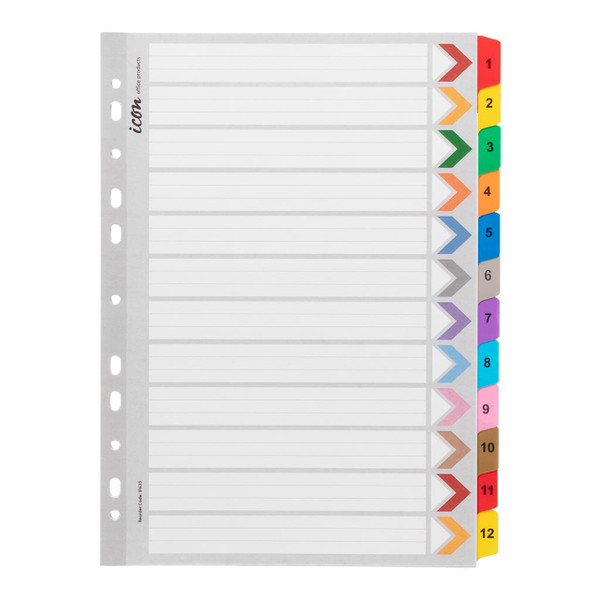 Icon Cardboard Indices with Reinforced Tabs 1-12 Coloured