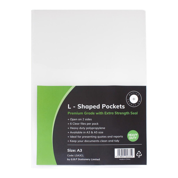 OSC L Shaped Pockets Heavy Duty A3 Clear, Pack of 6