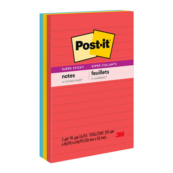 Post-it Super Sticky Lined Notes 660-3SSAN 101x152mm Primaries (Marrakesh), Pack of 3