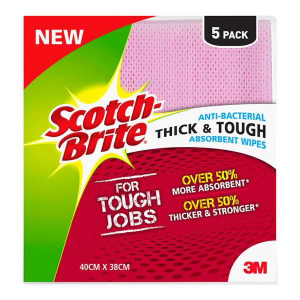 Scotch-Brite Antibacterial Thick and Tough Wipes, Pack of 5