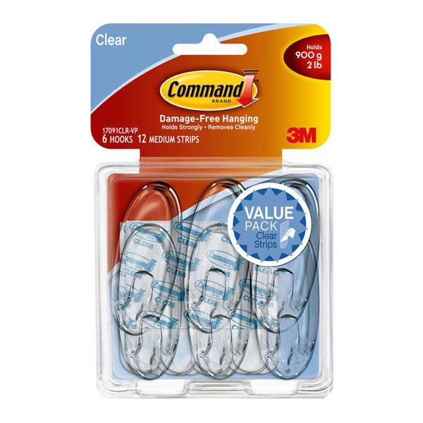 Command Hook 17091CLR-VP-6 Medium Clear Value, Pack of 6