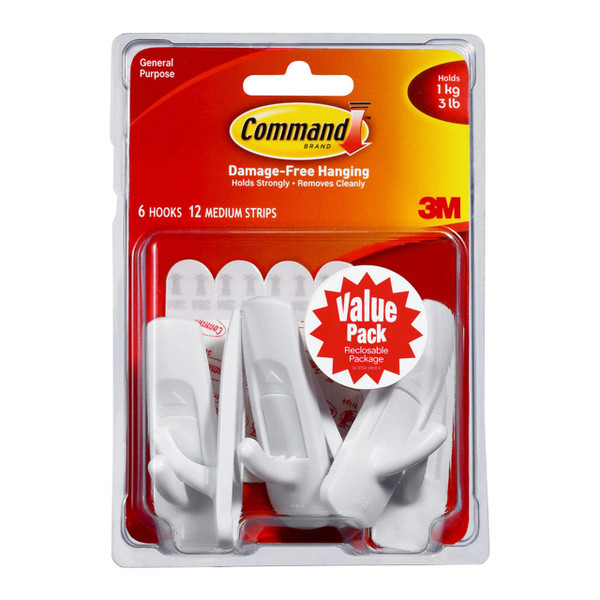 Command Hook 17001-6 Medium White Value, Pack of 6