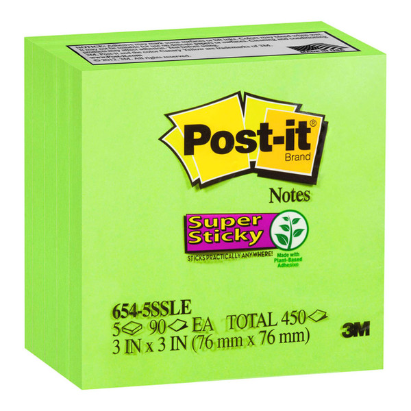 Post-it Super Sticky Notes 654-5SSLE 76x76mm Limeade, Pack of 5
