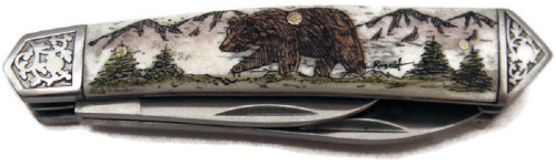 Pocket Knife w/Grizzly Bear Scrimshawed Cultured Ivory Handle, Two Blades and Pocket Sheath