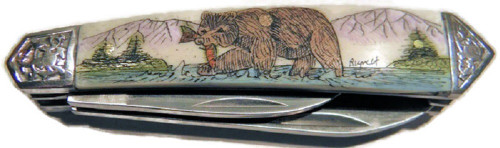Pocket Knife w/Grizzly w/Fish Scrimshawed Cultured Ivory Handle, Two Blades and Pocket Sheath