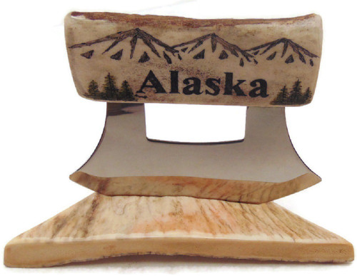 Alaskan Moose Antler Handled Ulu w/ Mountains Scrimshaw and Antler Stand