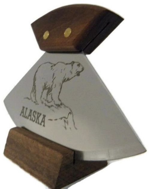 Alaska Ulu Knife Walnut Handle Polar Bear Etched 6" Blade