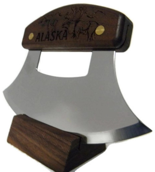 Inupiat Ulu Knife Caribou Etched Walnut Handle 6.25" Blade