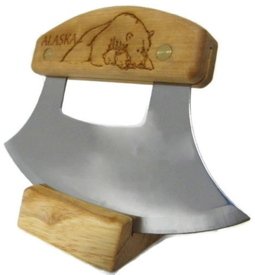 Inupiat Ulu Knife Polar Bear Etched Birch Handle 6.25" Blade