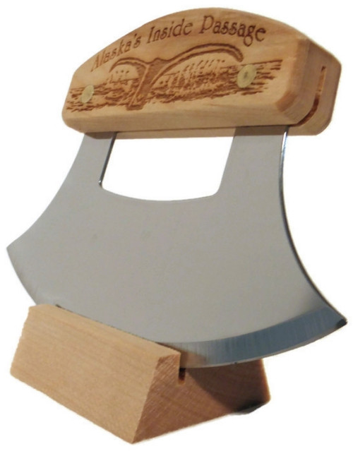 Alaskan Ulu knife w/ Whale's Tail Etched Birch Handle 6.25 in. Blade