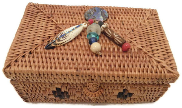 Alaskan Embellished Smoked grass Belize Hand Woven Trinket Box 5 X 3 X 2 in