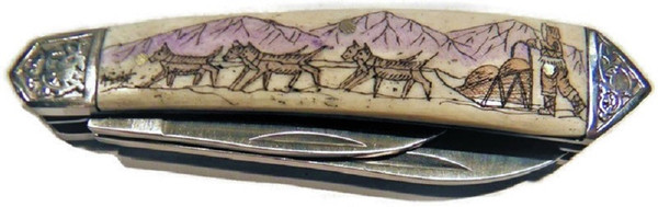Pocket Knife w/Dogsled Scrimshawed Cultured Ivory Handle, Two Blades and Pocket Sheath
