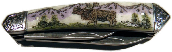 Pocket Knife w/Caribou Scrimshawed Cultured Ivory Handle, Two Blades and Pocket Sheath
