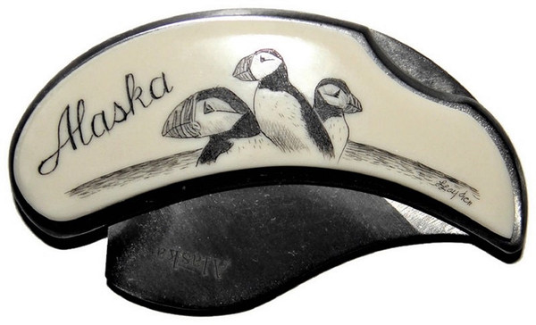 Alaskan Folding Pocket Ulu Knife Puffin Scrimshawed Cultured Ivory Handle