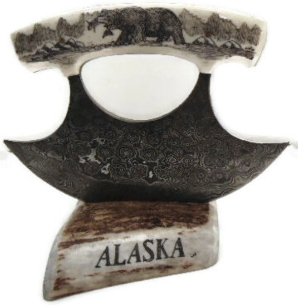 Alaskan Ulu Knife Antler with Stand and Leather Belt Sheath (Spc-1)