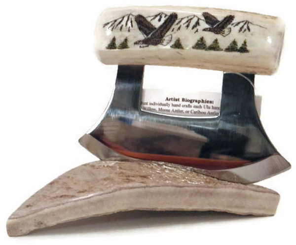 Alaskan Moose Antler Handled Ulu w/ Eagle Scene Scrimshaw and Antler Stand