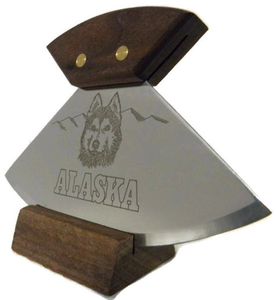 Alaska Ulu Knife Walnut Handle Husky Etched 6" Blade