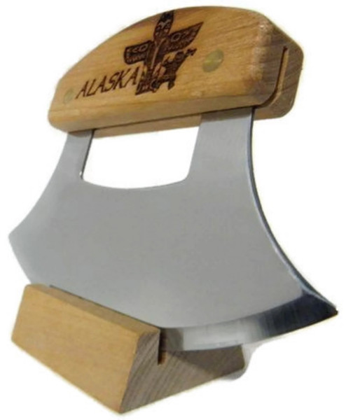 Ulu Knife Totem Work Etched Birch Handle 6.25" Blade