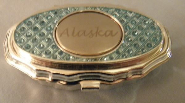 Alaska Aqua Bejeweled Pill Box w/Silver Mirrored Alaska Inlay