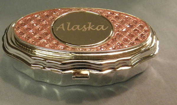 Alaska Pink Bejeweled Pill Box w/Silver Mirrored Alaska Inlay