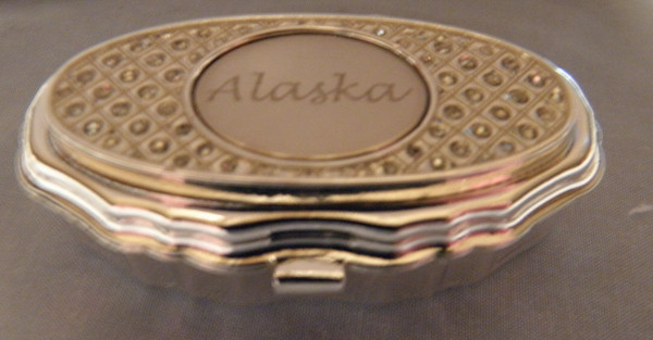 Alaska Silver Bejeweled Pill Box w/Silver Mirrored Alaska Inlay