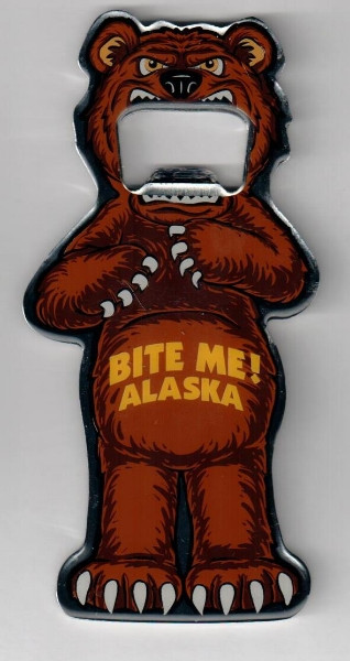 Alaska BITE ME Bear Bottle Opener w/magnet on backside