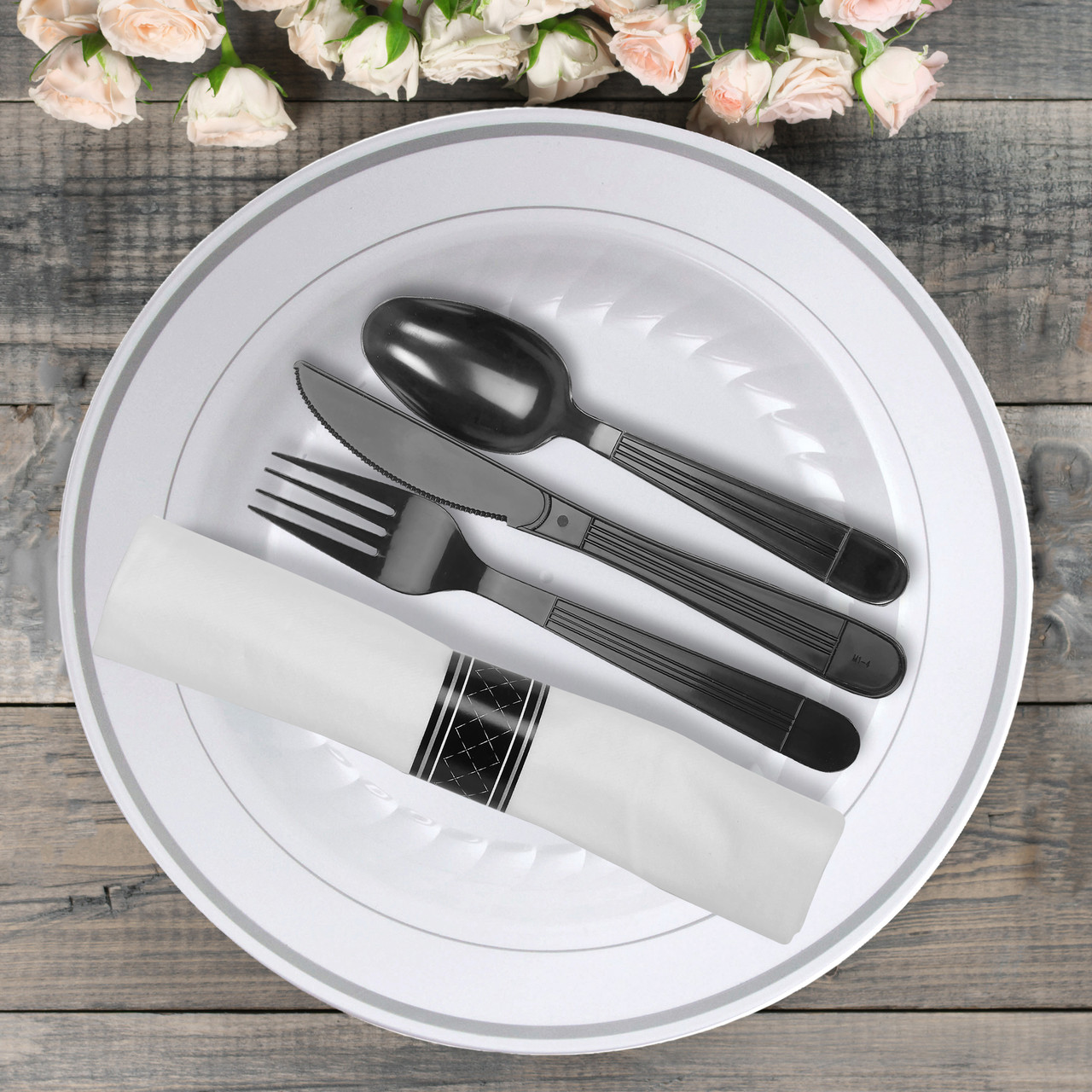 Rolled Cutlery Black FKS in WH LinenQuality 1x17 432x432mm Napkin Roll BKROLL3
