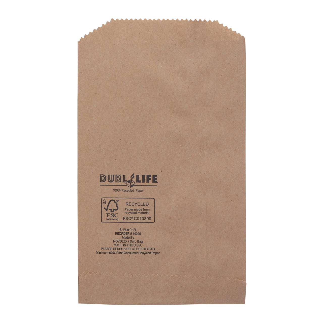 6.25 x 9.25 Dubl Life® Merchandise bag 30# recycled kraft FSC BPI - 3000 PK (14926)
