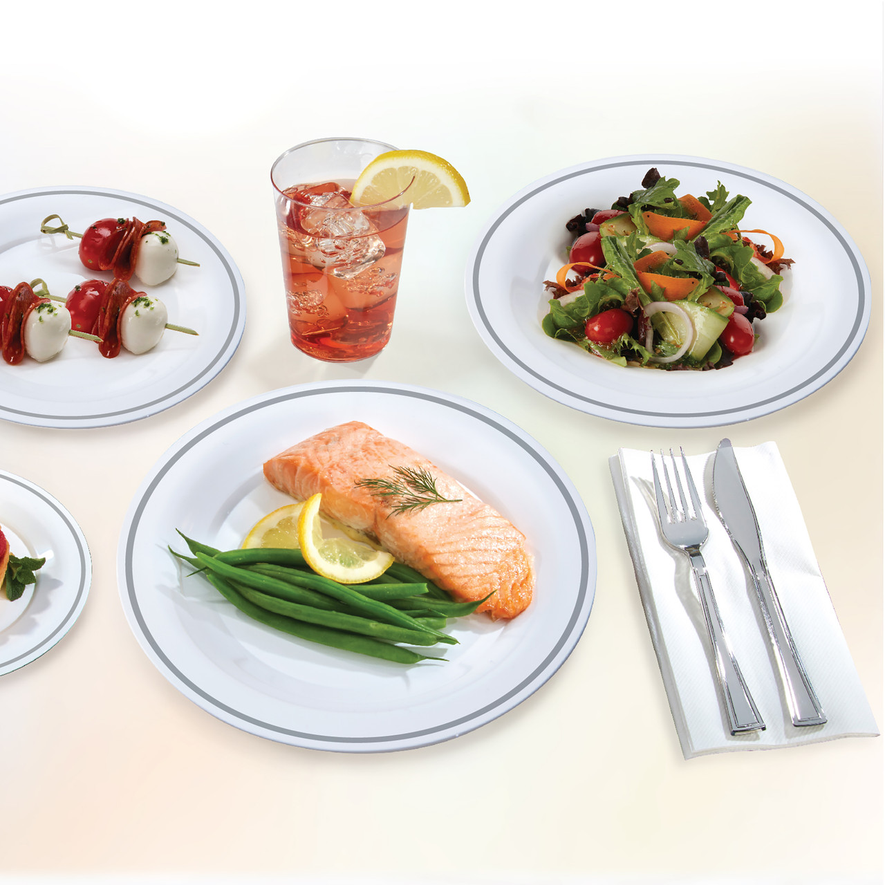 Milan™ Dinnerware 10” Round White/Silver Plate (MR10WSLVRPP)