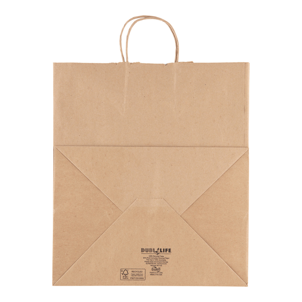 Super Royal Dubl Life® shopping bag 70# recycled kraft FSC BPI - 200 PK (87145)
