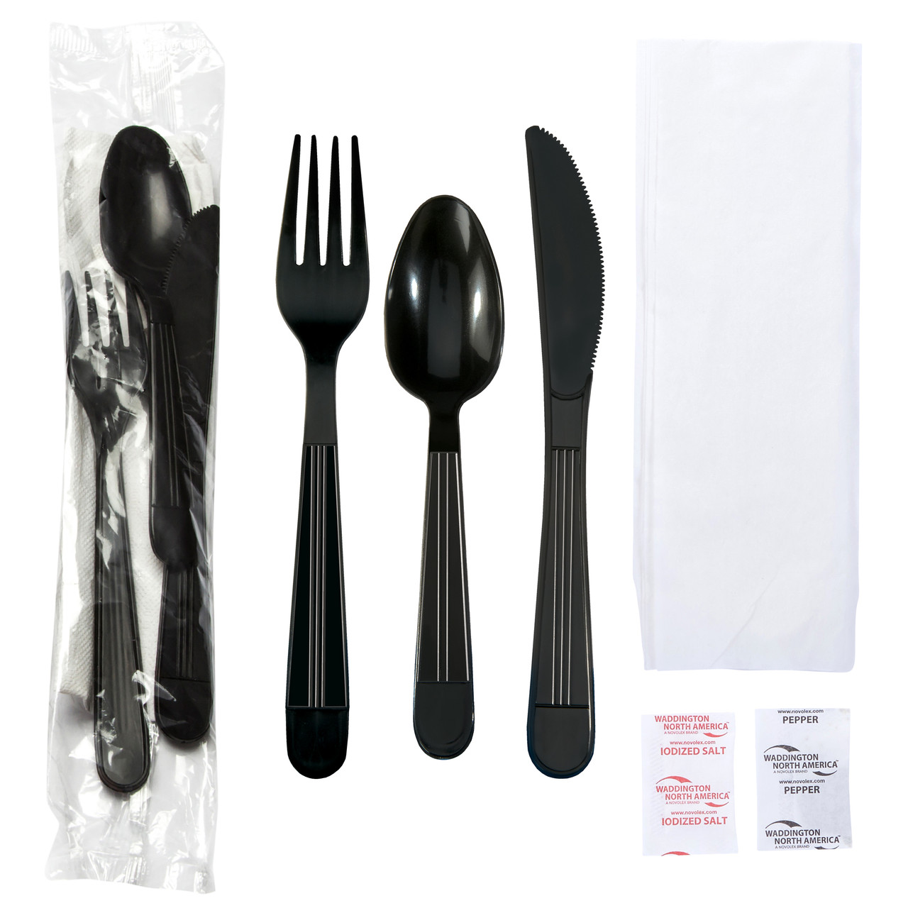 Cutlery Kits 4.7 HW Black F/K/S S&P 1 Ply Napkin Clear Wrap (612333)