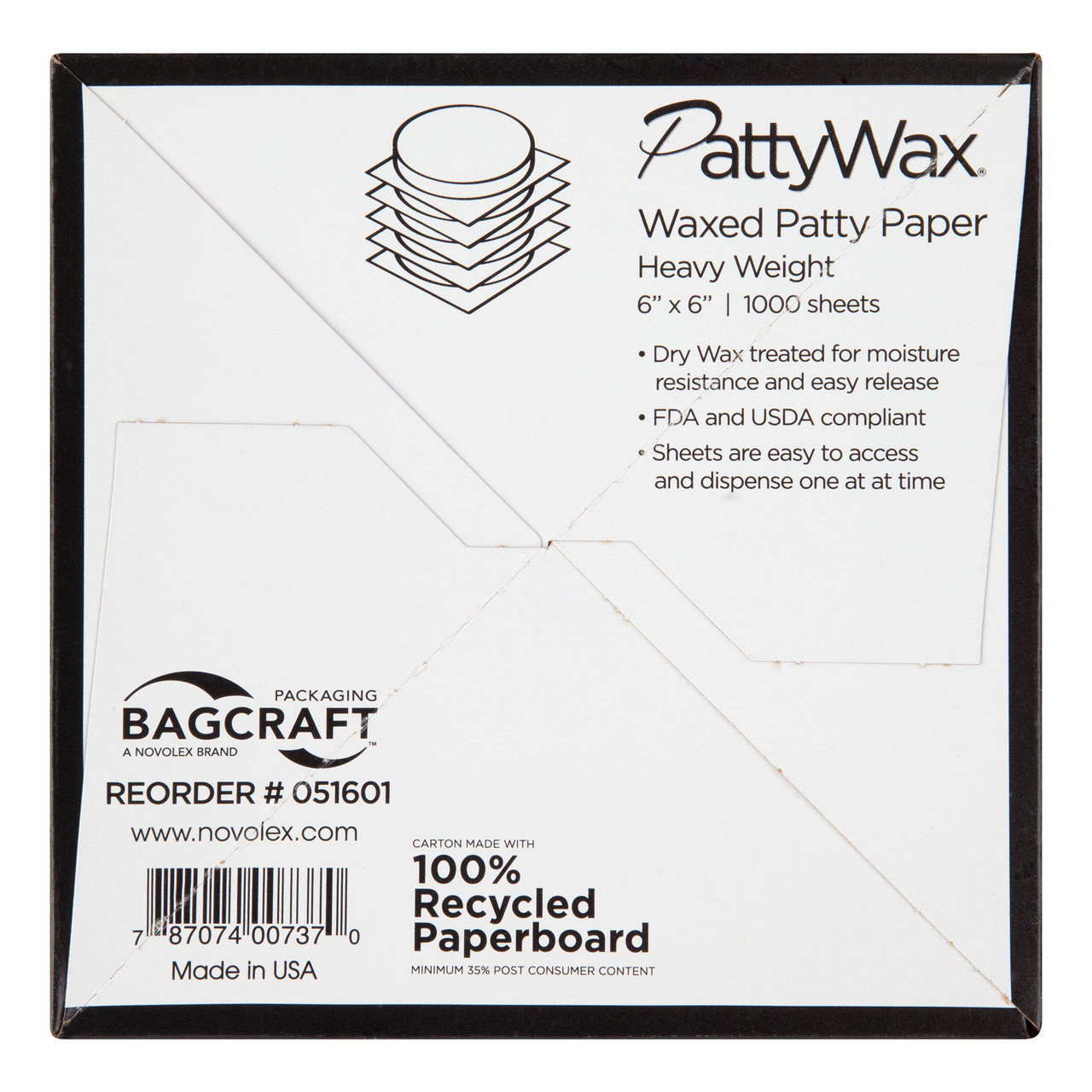 PattyWax® paper sheets waxed sheet heavy P6 - Color White - Dimensions 6.00 x 6.00 (P051601)