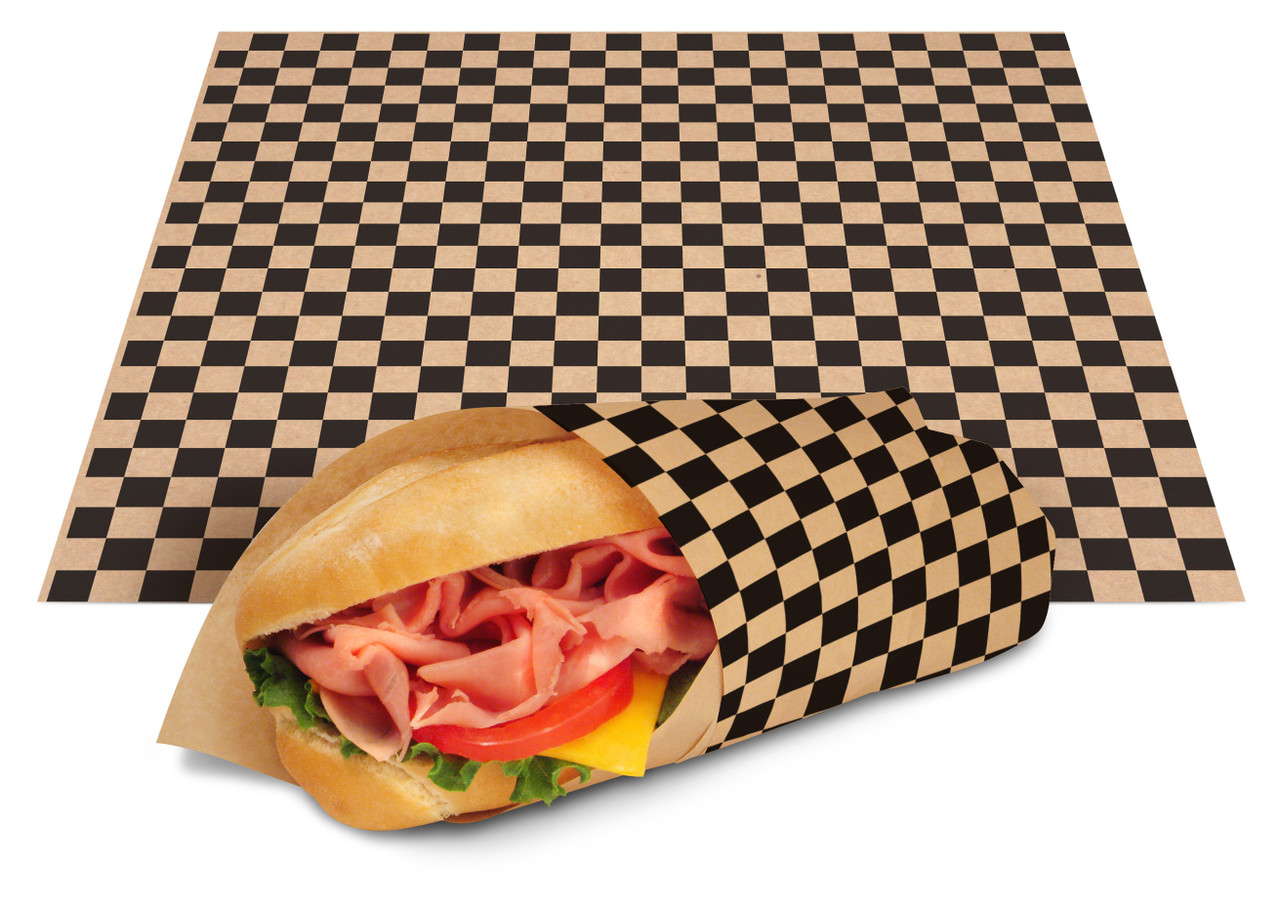 Sandwich wraps & basket liners EcoCraft grease resistant paper wrap & liner - Color Black/natural check - Dimensions 12.00 x 12.00 (300877) Sandwich wraps & basket liners EcoCraft grease resistant paper wrap & liner - Color Black/natural check - Dimensions 12.00 x 12.00 (300877)