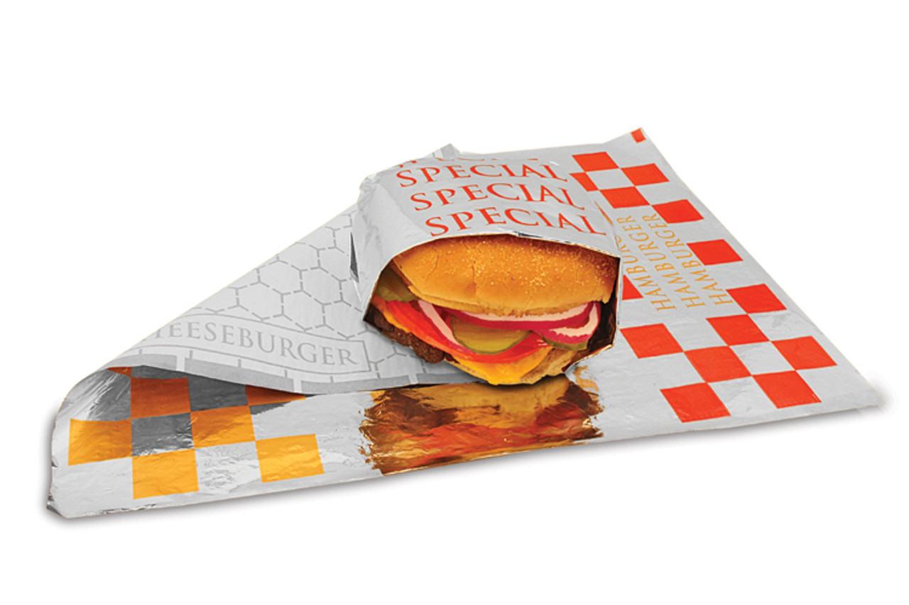 Honeycomb foil/paper insulated wrap - Color
“Hamburger/Cheeseburger/Special” - Dimensions 10.50 x 14.00 (300854) Honeycomb foil/paper insulated wrap - Color
“Hamburger/Cheeseburger/Special” - Dimensions 10.50 x 14.00 (300854)
