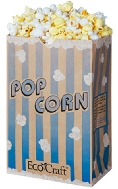 Theater style popcorn bags EcoCraft 85 oz theater popcorn bag - Color Blue stripe - Dimensions 5.50 x 3.25 x 8.62 (300612) Theater style popcorn bags EcoCraft 85 oz theater popcorn bag - Color Blue stripe - Dimensions 5.50 x 3.25 x 8.62 (300612)