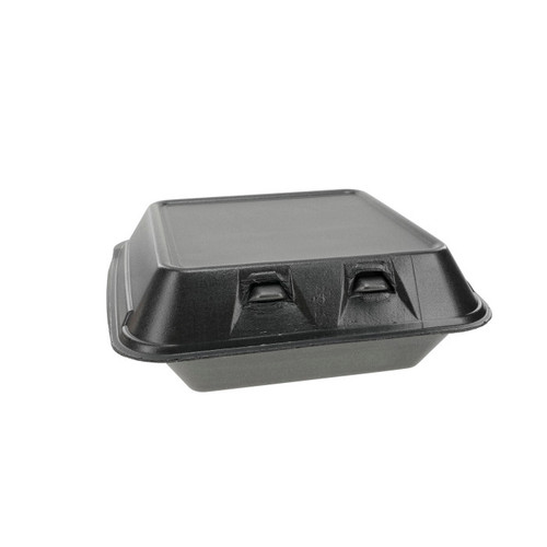 Pactiv Evergreen 8 x 8 x 3" PS Foam SmartLock Hinged Lid Container, Black 150 ct.