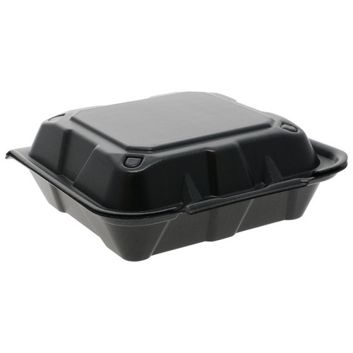 Pactiv Evergreen 8 x 8 x 3" Vented PS Foam Hinged Lid Container, Black, 150 ct.