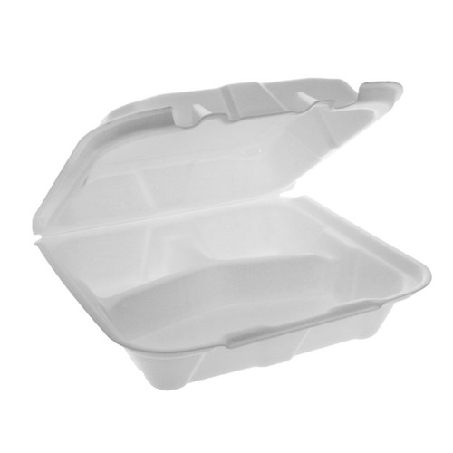 Pactiv Evergreen 8 x 8" Vented PS Foam 3-Compartment Economy Hinged Lid Container, White, 150 ct.