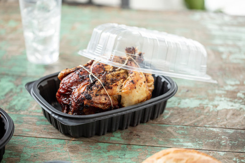 Pactiv Evergreen MealMaster 10 x 7 x 4.5" Large Chicken Roaster MFPP Base and OPS Lid with Anti-Fog, Black/Clear, 100 ct.