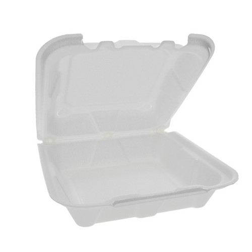 US Foods Monogram 8 x 8 x 3" Vented PS Foam Hinged Lid Container, White, 150 ct.