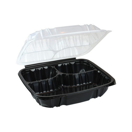 Gordon Food Service Gordon Choice 10.5 x 9.5" Vented Dual-Color 3-Compartment PP Hinged Lid Container with 3-Compartment Lid, Black/Clear, 132 ct.