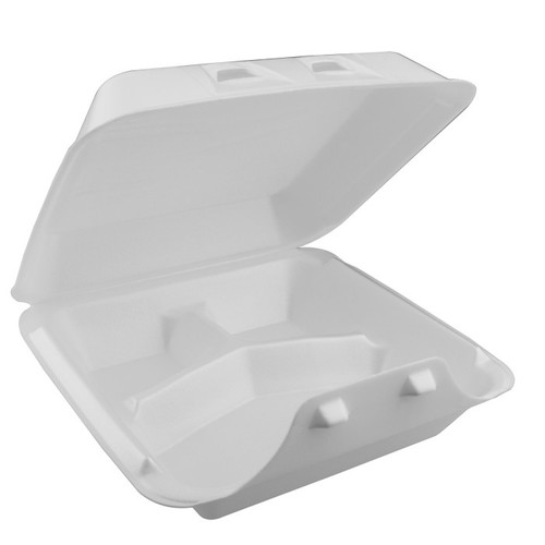 US Foods Monogram 9 x 9" PS Foam Intellilock 3-Compartment Hinged Lid Container, White, 150 ct.
