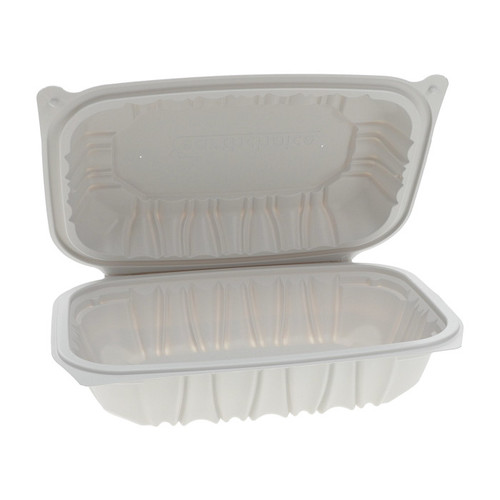 EarthChoice 9 x 6" Shallow Vented MFPP Hinged Lid Container with Printed Sleeves, White, 170 ct.