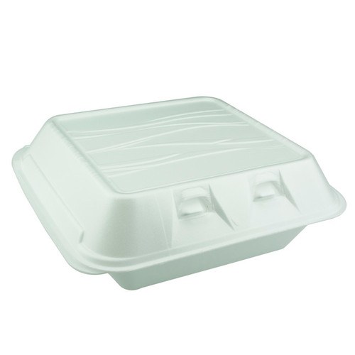 Sysco Trendz 8 x 8.5" PS Foam SmartLock 3-Compartment Hinged Lid Container, White, 150 ct.