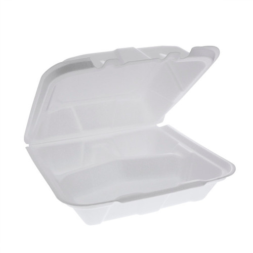 US Foods Monogram 9 x 9" Vented PS Foam 3-Compartment Hinged Lid Container, White, 150 ct.