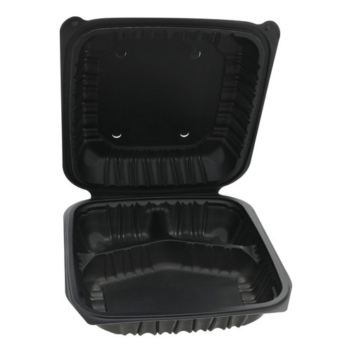 Gordon Food Service Gordon Choice 9 x 9" Vented 3-Compartment MFPP Hinged Lid Container, Black, 140 ct.