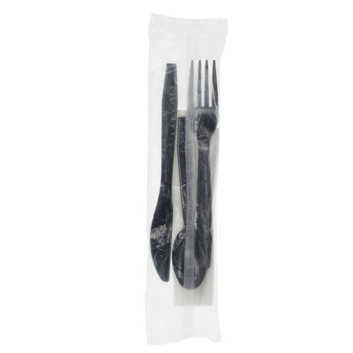 Pactiv Evergreen Prairieware Full Length Extra-Heavy Weight Wrapped HIPS Cutlery Set (Fork, Spoon, Knife, Napkin), Black, 250 ct.